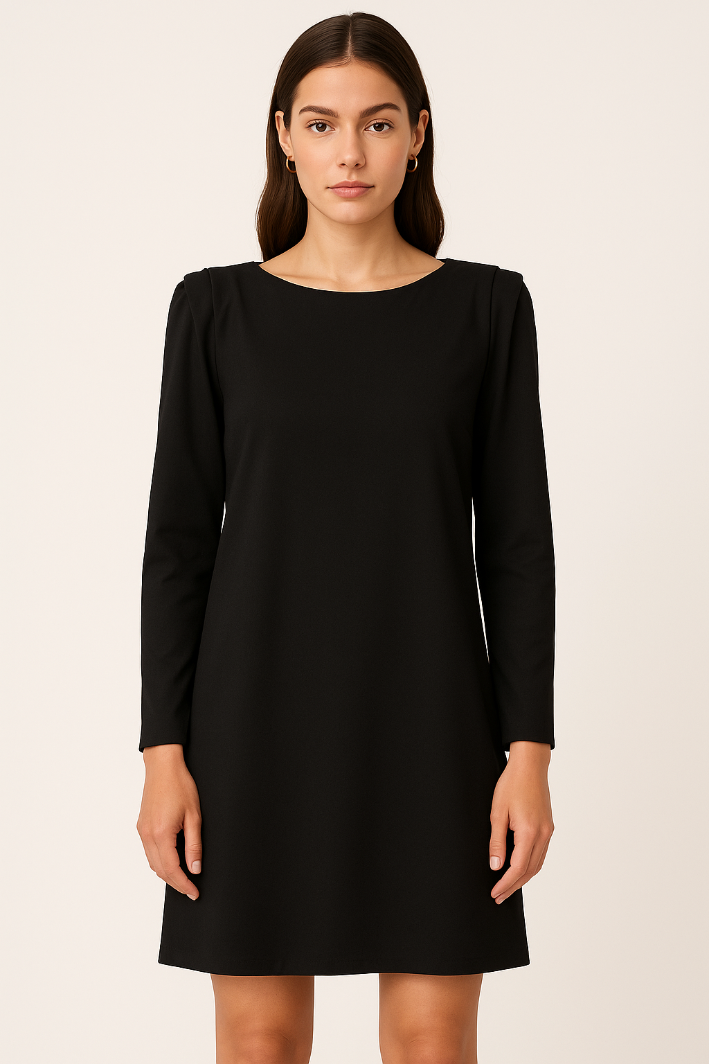 Elegant Black Long Sleeve Shift Dress for Women – Classic Round Neck, Minimalist Style, Perfect for Office, Parties & Casual Wear