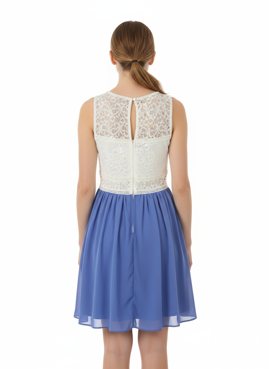 White Lace Sleeveless Fit & Flare Blue Chiffon Mini Dress