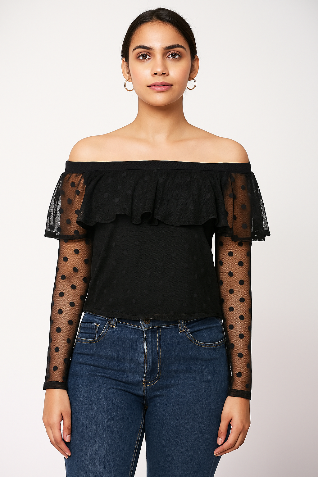 Women’s Black Off-Shoulder Top with Sheer Polka Dot Mesh Sleeves & Ruffle Detail