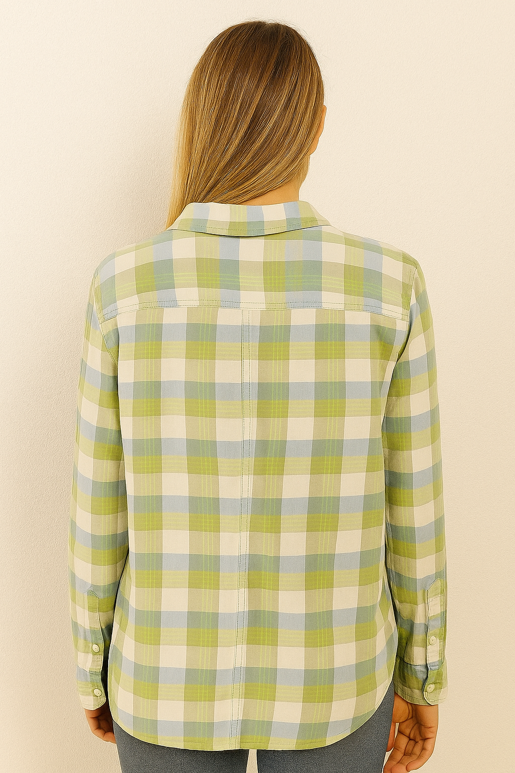 Women’s Casual Plaid Button-Down Shirt – Green & Blue Checks