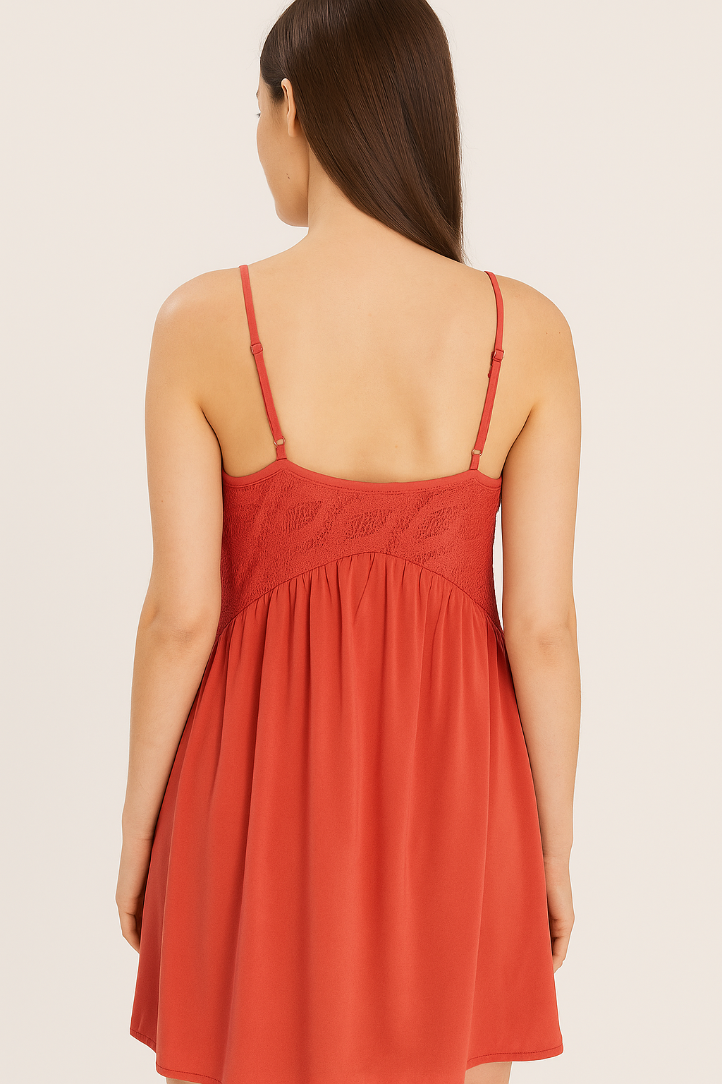 Women's Rust Orange Sleeveless A-Line Mini Dress with Crochet Lace Bodice & Spaghetti Straps