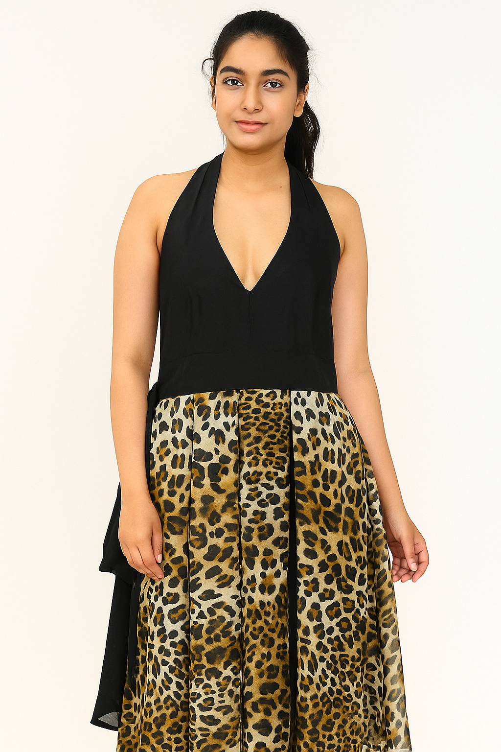 Stylish Black Halter Neck Leopard Print Midi Dress