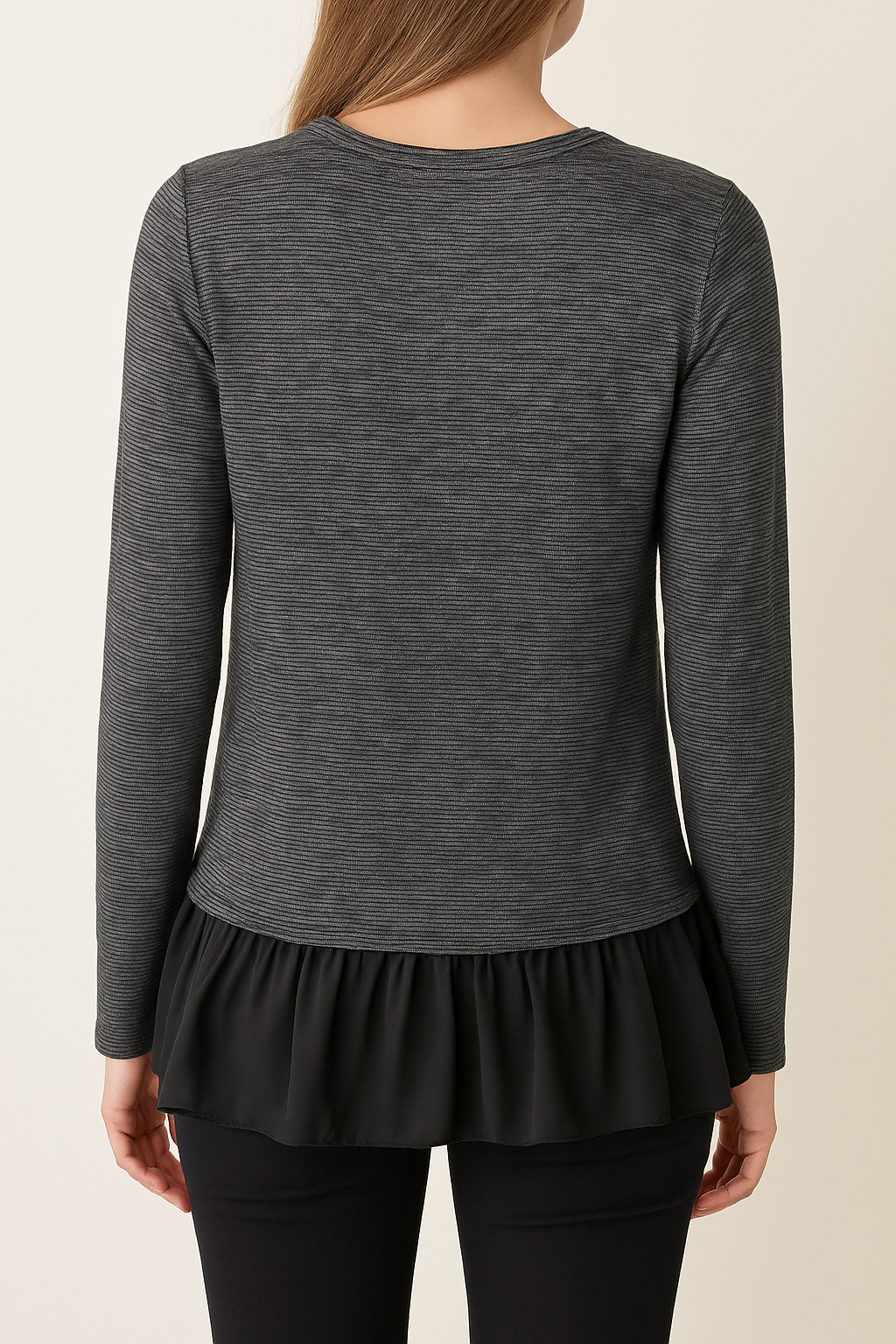 "Charcoal Stripe Knit Top with Ruffle Hem"