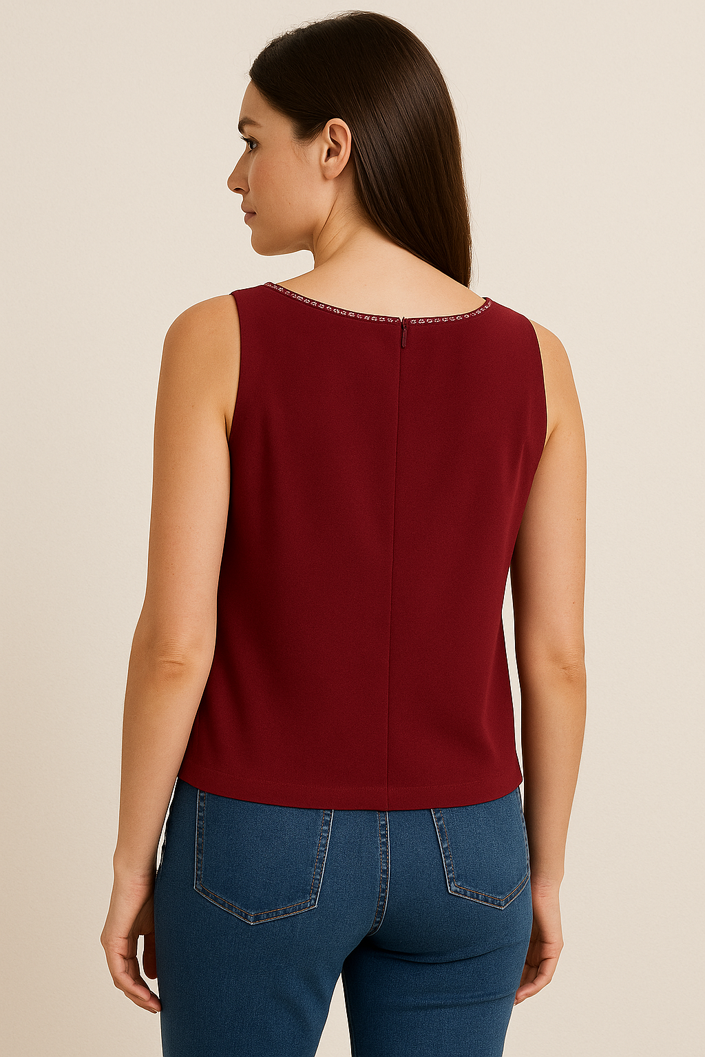 Women’s Maroon Sleeveless Embroidered V-Neck Top