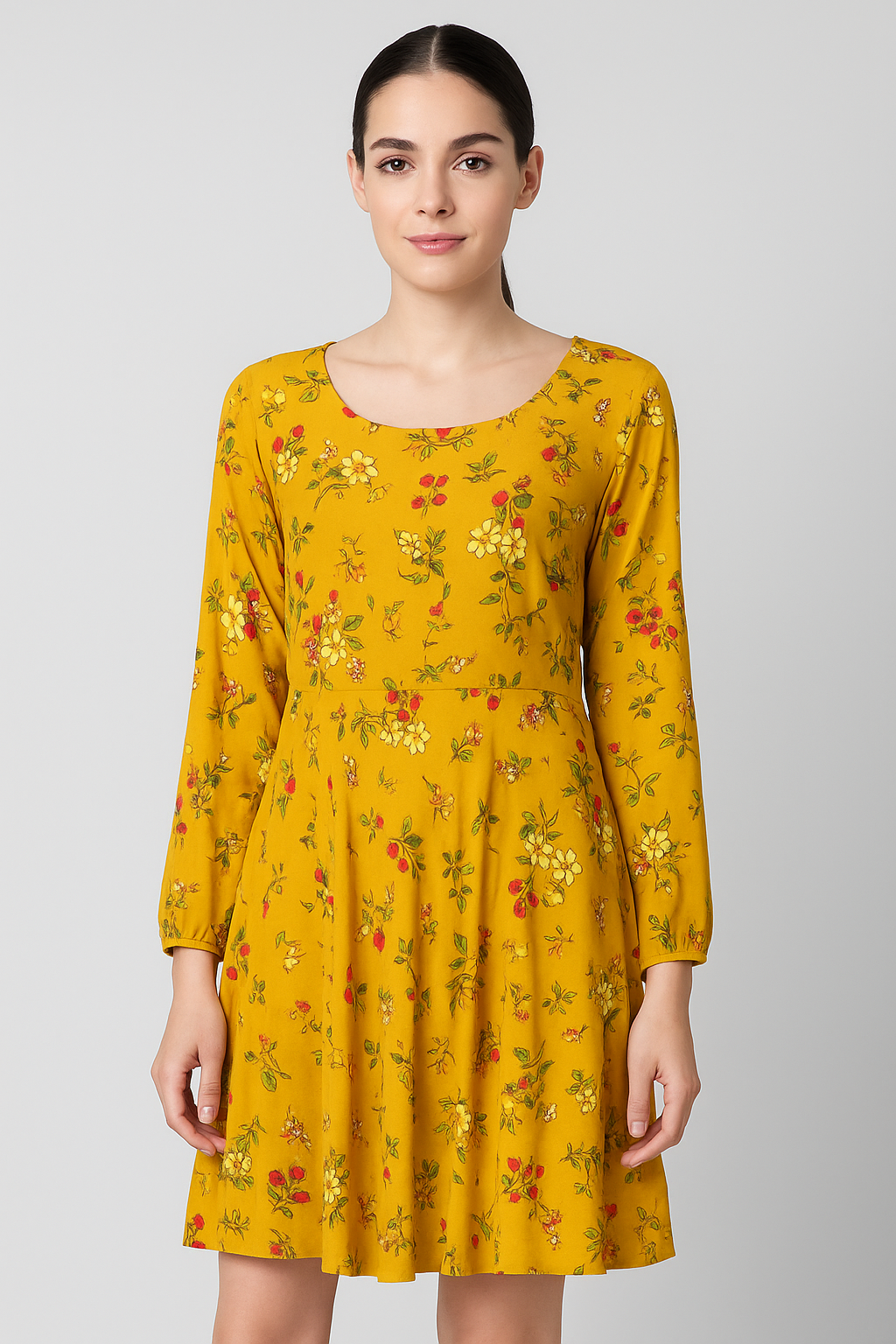 Women's Mustard Yellow Floral Print A-Line Dress with Long Sleeves & Round Neck
