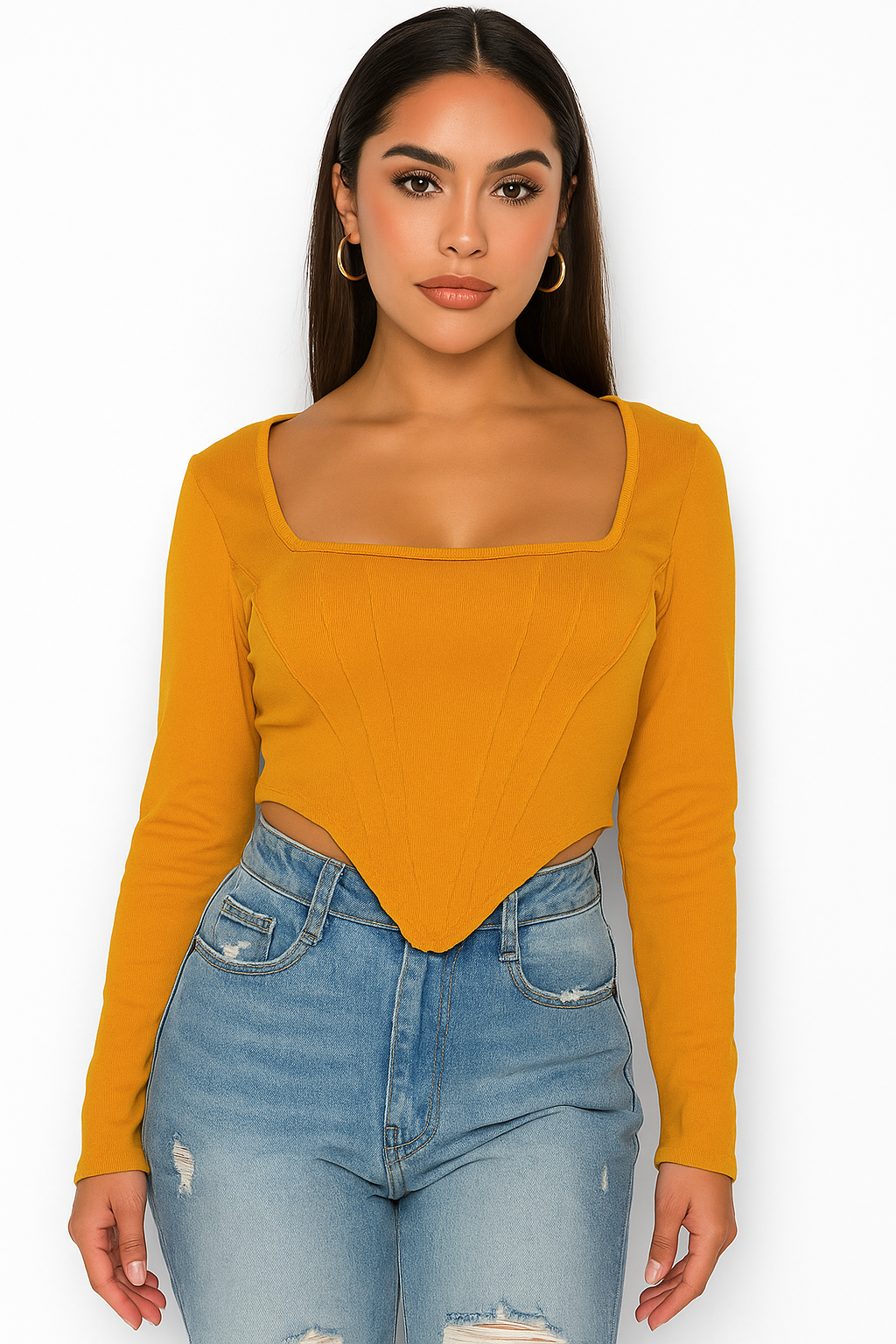 Women's Mustard Yellow Corset Style Ribbed Long Sleeve Top
