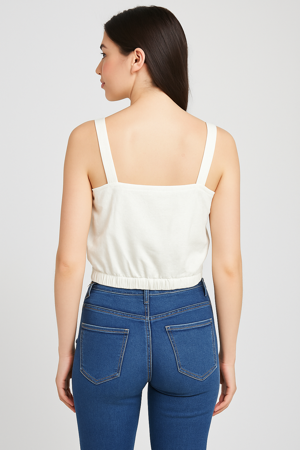 Women’s Solid White Sleeveless Crop Top with Square Neck & Elastic Hem