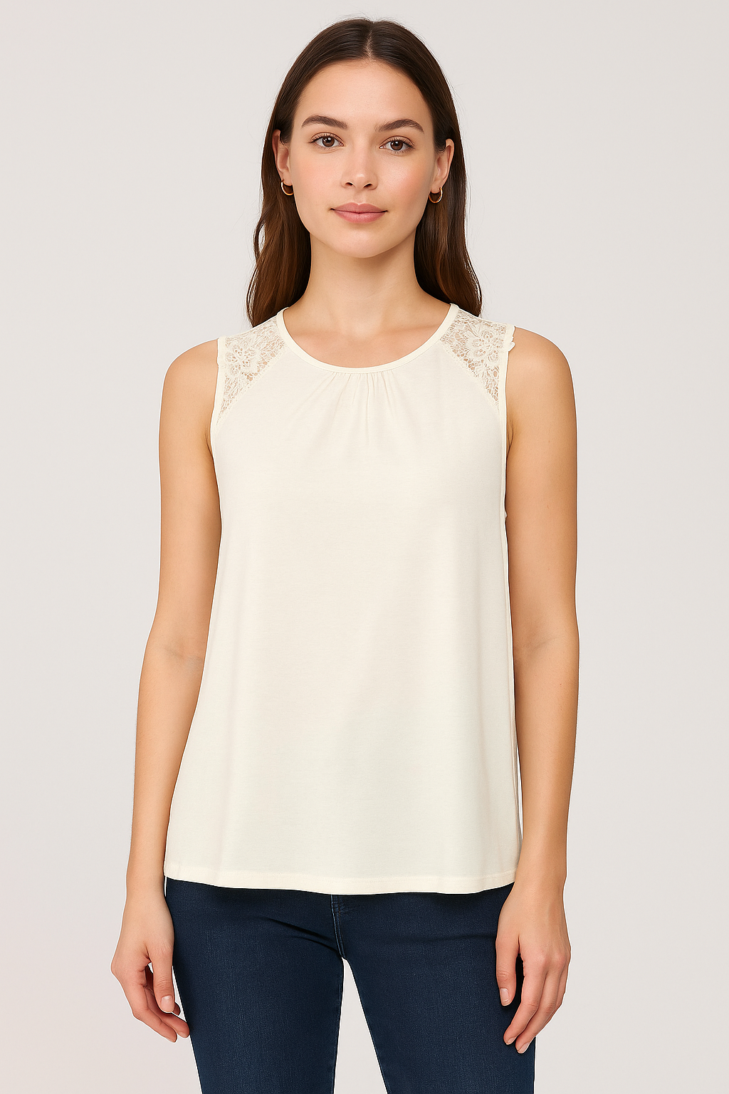 Women’s Sleeveless Ivory Top with Lace Shoulder Detail