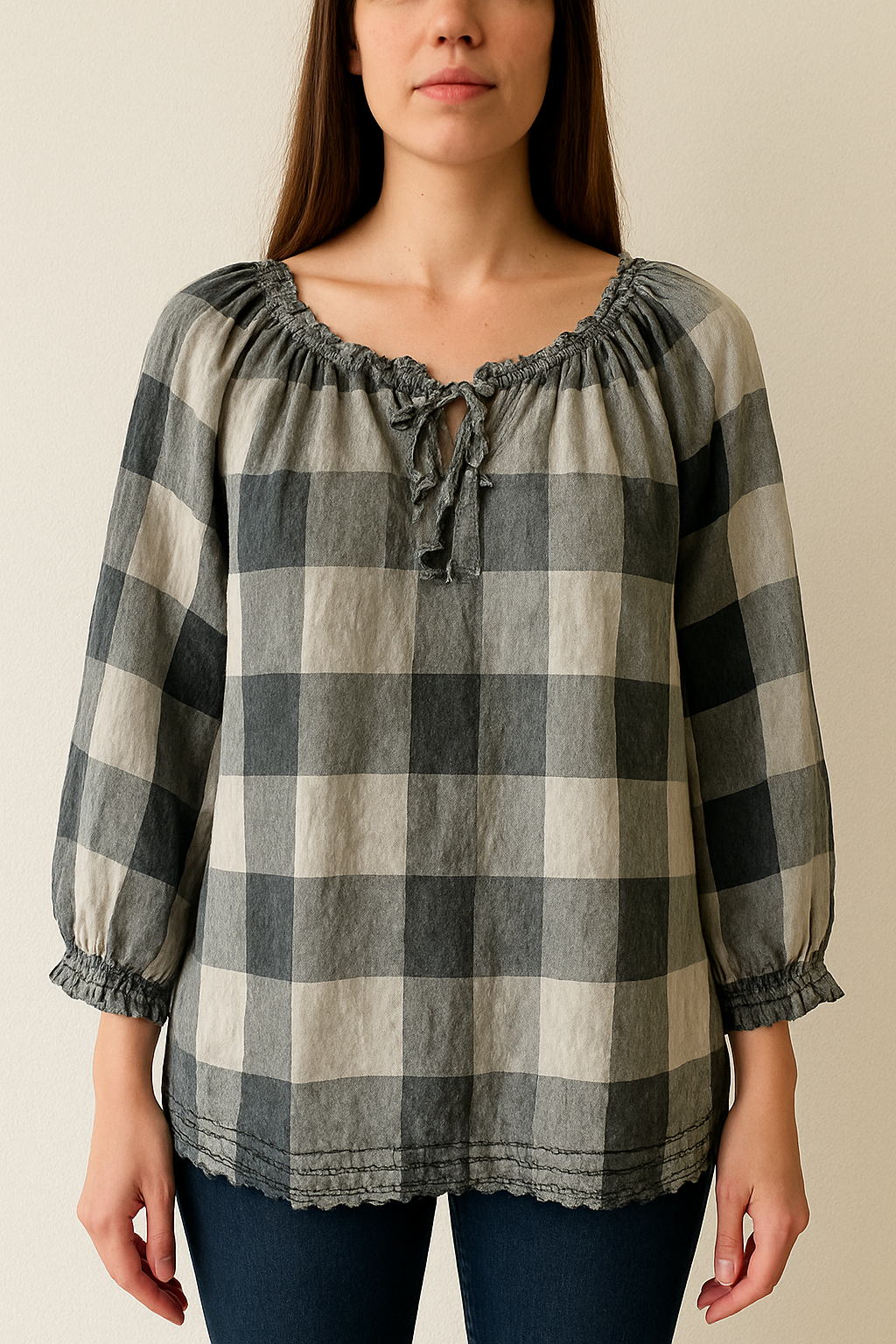 Women’s Black & Grey Checkered Regular Off-Shoulder Peasant Top