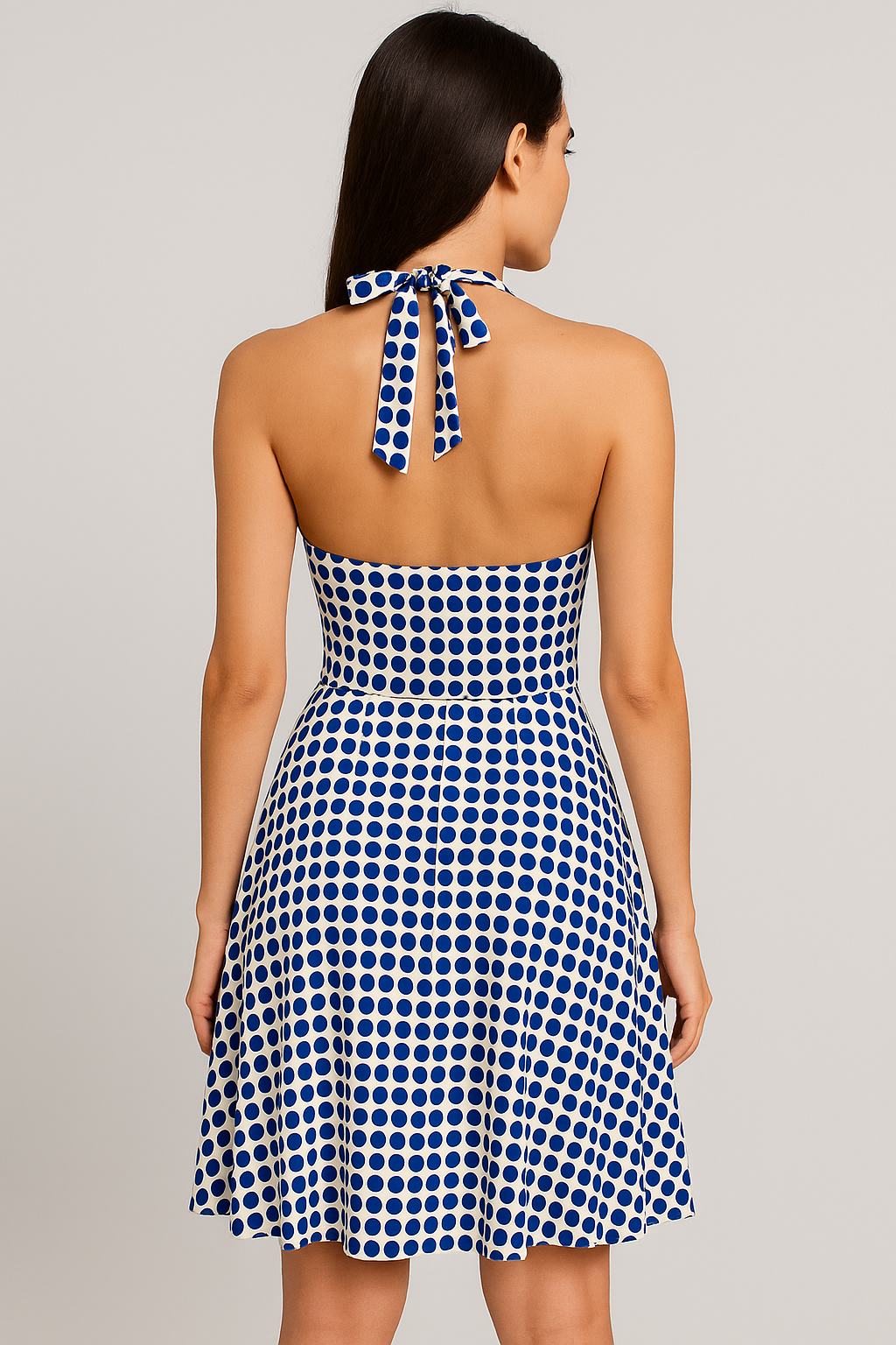 Women’s Blue Polka Dot Halter Neck A-Line Dress