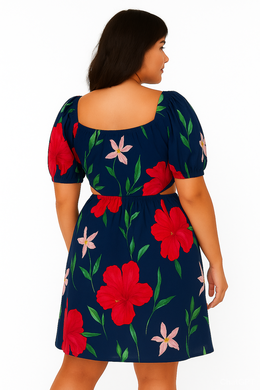 Chic Navy Blue Floral Puff Sleeve Cutout Mini Dress