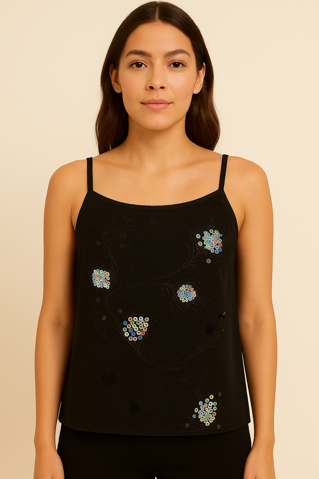 Women’s Black Sequin Embellished Cami Top – Double Strap Sleeveless Party Blouse