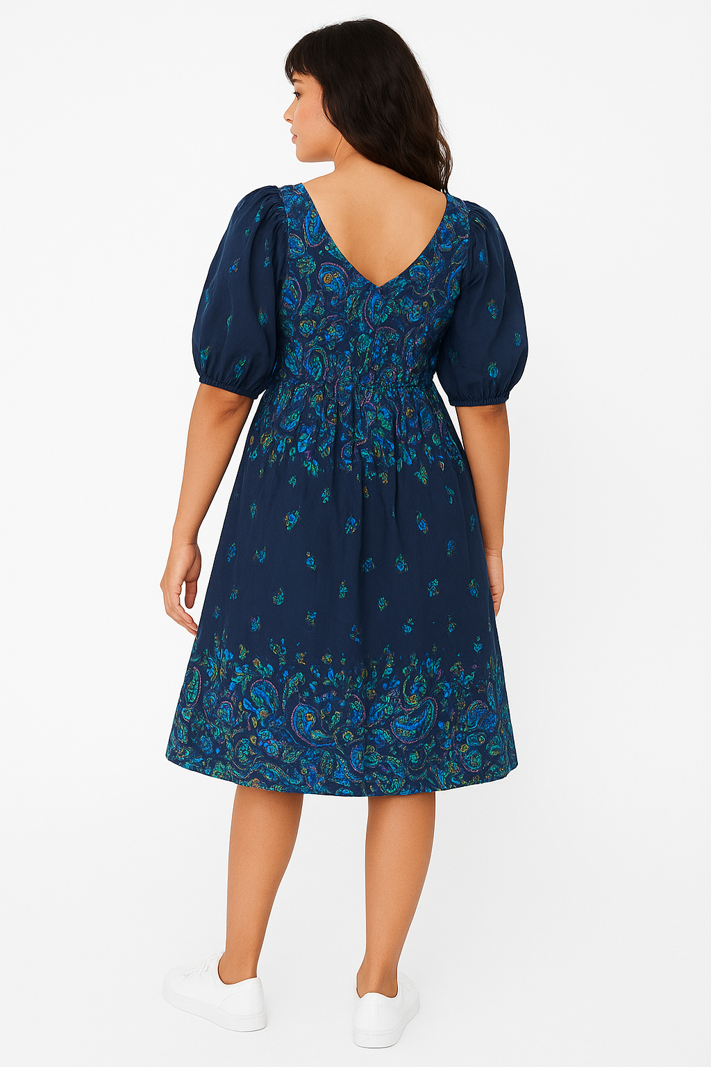 Navy Blue Paisley Puff Sleeve Midi Dress – Cotton, V-Neck, A-Line
