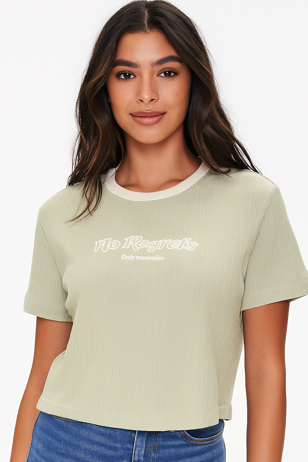 "No Regrets" Ribbed Crop T-Shirt – Sage Green
